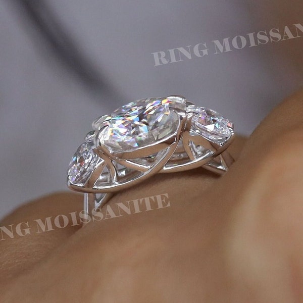 3.48 TCW three stone moissanite engagement ring,white gold,trellis,3 stone round,unique trilogy ring,past present future wedding ring,women