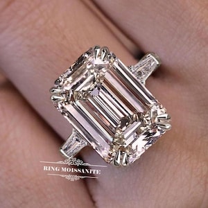 Emerald Cut Moissanite Ring 14k White Gold Engagement Ring 12 CT large Statement Wedding Anniversary Ring Big Diamond Three Stone Ring women