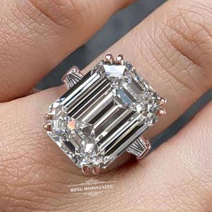 Emerald Cut Moissanite Engagement Ring 14k White Gold Three Stone, 16 CT