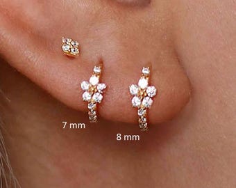 14k Gold Diamond Flower Huggie Hoop • Cartilage Earring