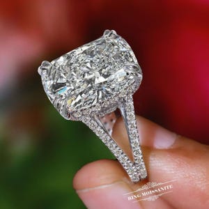 19.5CT Cushion Cut Moissanite Engagement Ring, Hidden Halo, Split Shank wedding ring