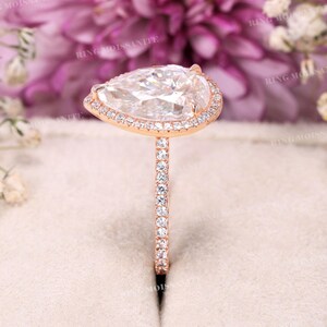 3 CT pear moissanite enagegement ring,14k rose gold,pear halo engagement ring,unique pear shaped cathedral ring,stack wedding ring set