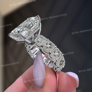8 CT Large Moissanite Emerald Cut Engagement Ring Celebrity Style Hidden Halo Big Solitaire Eternity Wide Band celebrity style Wedding Ring