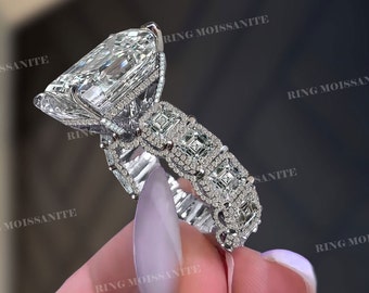 8 CT Large emerald cut moissanite ring big solitaire emerald cut engagement ring hidden halo,eternity wide band unique luxury wedding ring