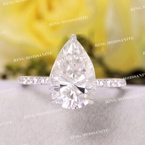 3 CT Pear Cut Moissanite Engagement Ring: White Gold Hidden Halo
