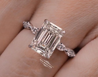 Emerald Cut Lab Grown Diamond Wedding Engagement Ring Solid White Gold
