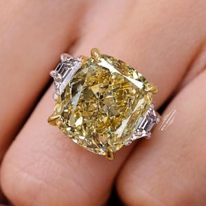 Canary Yellow Moissanite Engagement Ring 14K White Gold 12.5 CT Cushion Cut Three Stone