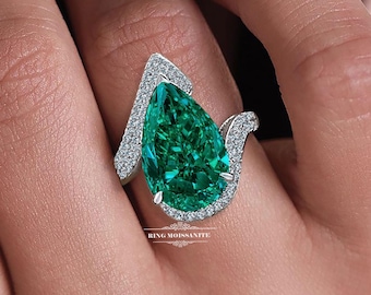 7.5 CT Green Pear Moissanite Engagement Ring, Cathedral Wedding Ring