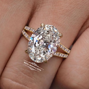 Ovale Moissaniet verlovingsring 14k geel goud 5,5 CT Solitaire dubbele verborgen halo gespleten schacht ring diamanten trouwring cadeau voor vrouwen