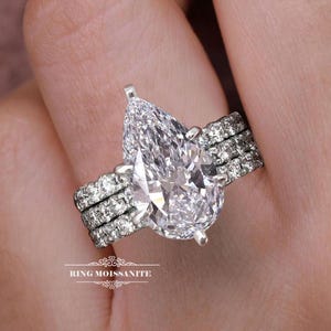 6 CT unique pear shaped engagement ring set,Three row pave,big large pear moissanite ring,celebrity style pear cut bridal wedding ring set