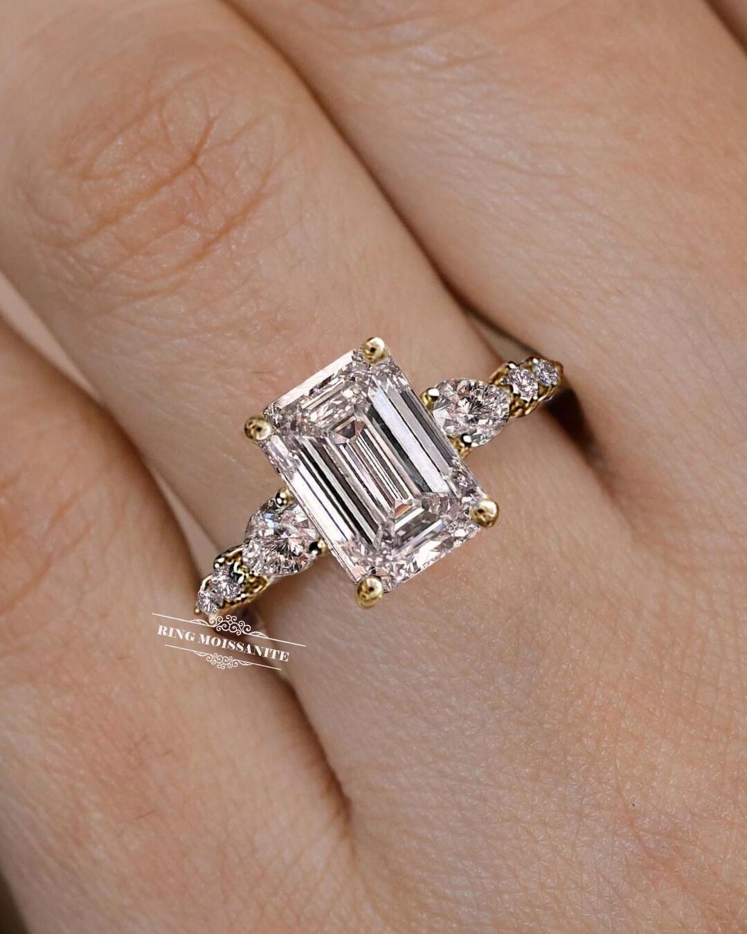 Emerald Cut Lab Grown Diamond Engagement Ring Three Stone Bridal Ring 3 ...