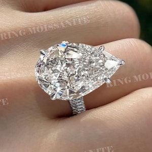 23 CT pear moissanite engagement ring,14k white gold,celebrity style,unique big large pear shaped engagement ring,3 row pave,wedding ring