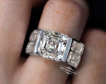 7 CT Asscher cut engagement ring Bezel set large moissanite channel eternity band wedding ring cocktail wide band engagement ring platinum