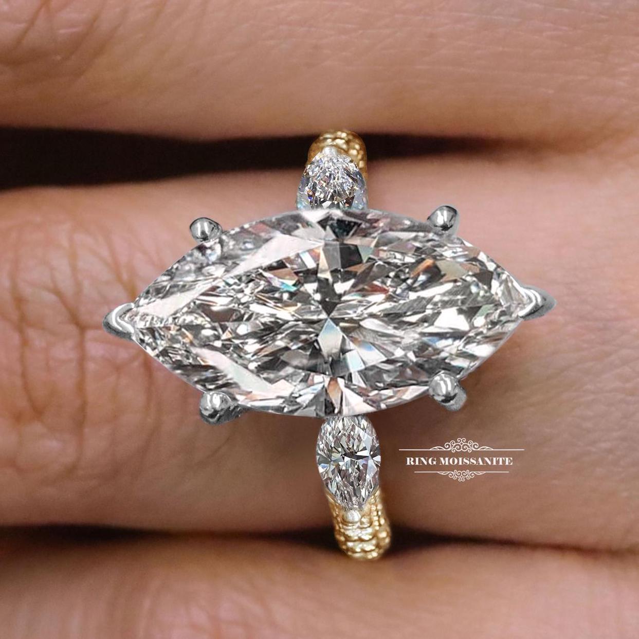 5.5 CT Marquise Moissanite engagement ring crushed ice marquise solitaire,hidden halo marquise cut ring,3 row pave Thick band wedding ring