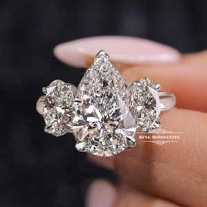 pear shaped engagement ring lab grown diamond three stone wedding ring 14k white gold 6.5 TCW pear cut IGI Certified diamond bridal jewelry