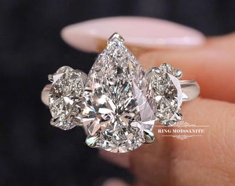 pear shaped engagement ring lab grown diamond three stone wedding ring 14k white gold 6.5 TCW pear cut IGI Certified diamond bridal jewelry