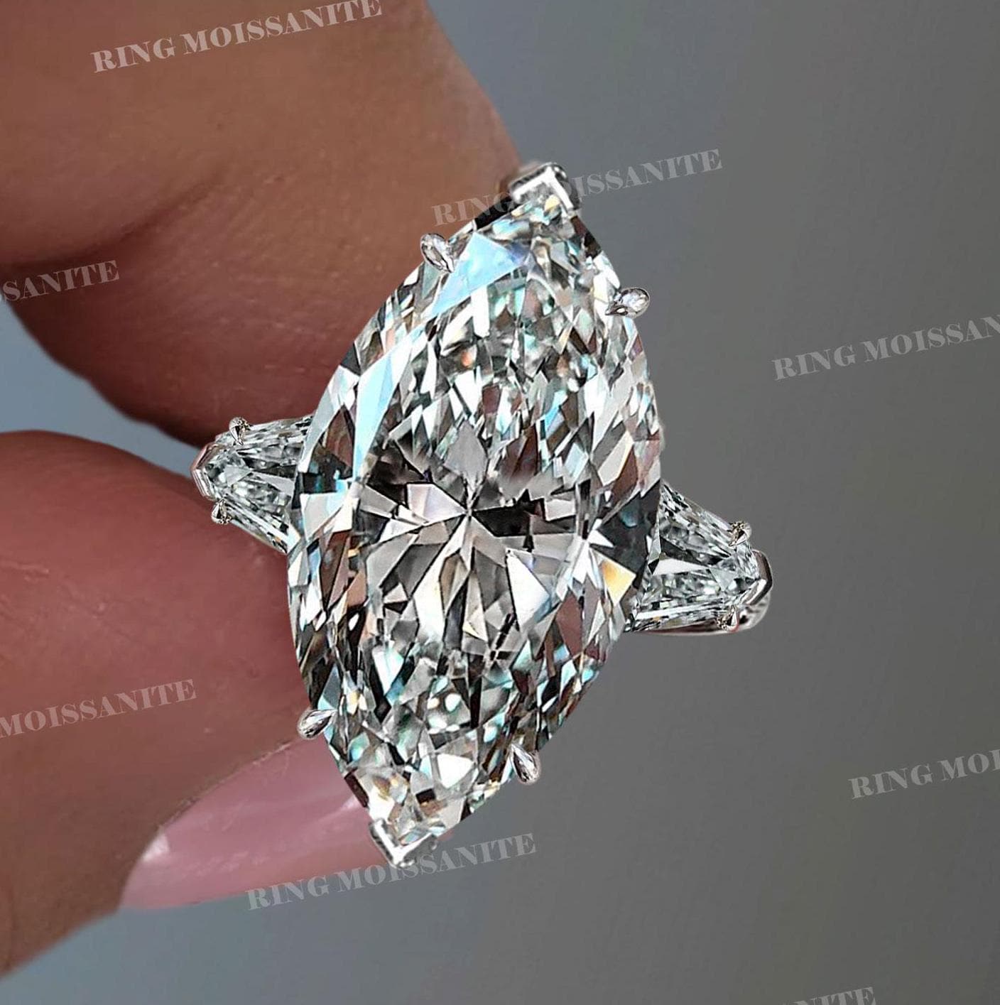 7.5 CT Three stone moissanite marquise engagement ring,baguette&big large Marquise cut ring,celebrity style Marquise Moissanite wedding ring