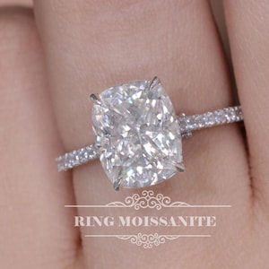 3.25CT Cushion Cut Moissanite Engagement Ring: Hidden Halo, Cathedral Setting