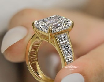 8 CT Emerald Cut Moissanite Engagement Ring 14k White Gold Eternity Wide Wedding Ring