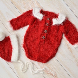 Christmas Set of Red Romper and Hat for Newborn Santa Claus Outfit Knitted Soft Romper New Year Photo Props Xmas Baby Set Newborn Girl Set