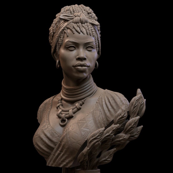 Buste de femme africaine, fille afro, modèle 3D imprimé en résine 12K, figurine de collection, travail personnalisé, modèle très détaillé, statue de femme africaine non peinte