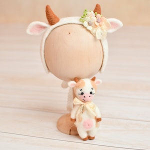 Newborn Cow Props Set of Headband and Wool Cow Toy Newborn Felted Cow Animal Stuffy Baby Shower Gift Cow Headband Baby Cow Outfit