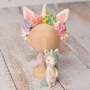 Set of Headband and Wool Unicorn Toy Baby Unicorn Outfit Animal Stuffy Baby Shower Gift Felted Unicorn Toy Girl Headband Newborn Props