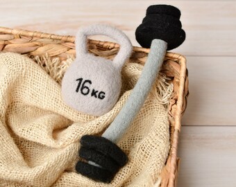 Newborn Barbell Props, Wool Weight Toy, Newborn Felted Barbell Toy, Newborn Felted Kettlebell, Newborn Sport Accessories, Baby Sport Set