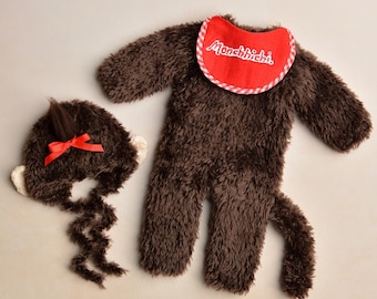 Baby Monchhichi Set, Knitted Brown Bodysuit, Monkey Bonnet With Ears, Removable Tail, Bib and Bow, Newborn Photo Outfit, Monkey Themed Gifts