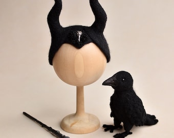 Newborn Sorceress Set, Dark Fairy Hat with Horns, Felted Raven Toy, Black Witch Staff, Baby Halloween Outfit, Enchantress Photo Props