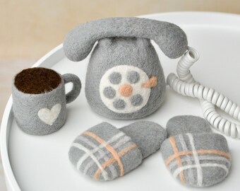 Felted Retro Phone, Bear Baby Slippers, Gray Coffee Mug, Newborn Photo Props, Vintage Themed Gift, Retro Nursery Decor, New Mom Gift Basket