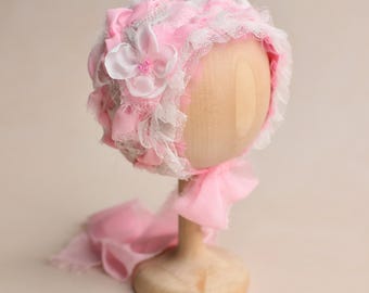 Newborn Lace Bonnet, Pink Baby Hat, Girl Photo Outfit, Newborn Gift Basket, Unique Photography Props