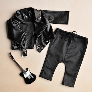 Ensemble motard nouveau-né, veste en cuir écologique noire, pantalon confortable, tenue berçante pour bébé, accessoires photo garçon et fille, déguisement de petit motard