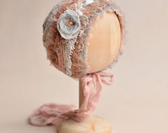 Newborn Lace Bonnet, Dusty Rose Baby Hat, Girl Photo Outfit, Newborn Gift Basket, Unique Photo Props