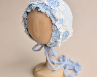 Newborn Lace Bonnet, Blue Baby Hat, Girl Photo Outfit, Newborn Gift Basket, Unique Photography Props