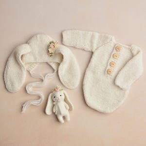 Newborn Bunny Set, Knitted Bodysuit, Ivory Bonnet, Felted Bunny Toy, Baby Coming Home Outfit, New Mom Gift Basket, Rabbit Themed Gift, Props