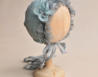 Newborn Lace Bonnet, Sage Green Baby Hat, Girl Photo Outfit, Newborn Gift Basket, Unique Photo Props