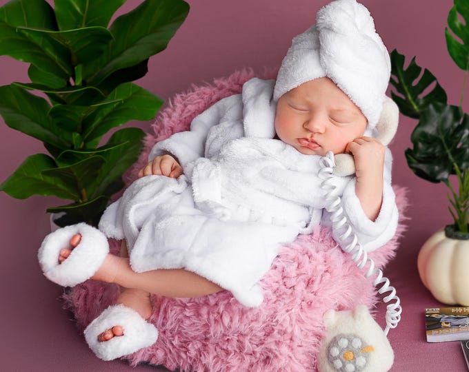Baby Bathrobe Outfit, Newborn SPA Costume, White Slippers, Soft Towel, Boy and Girl Photo Props, Infant Sauna Set, Unique Baby Shower Gift