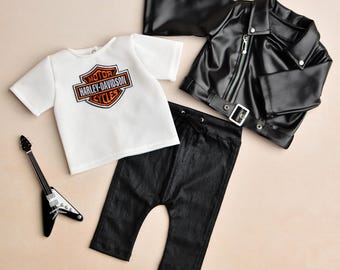 Newborn Rocker & Biker Outfit, Baby Eco Leather Jacket, Harley Davidson T-Shirt, Comfortable Pants, Photo Props, Little Motorcyclist Costume