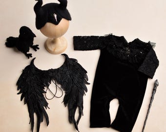 Newborn Sorceress Costume, Black Bodysuit, Dark Fairy Horns, Felted Raven Toy, Witch Wings & Staff, Baby Halloween Outfit, Enchantress Props