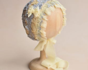Newborn Lace Bonnet, Blue Yellow Baby Hat, Girl Photo Outfit, Newborn Gift Basket, Unique Photo Props