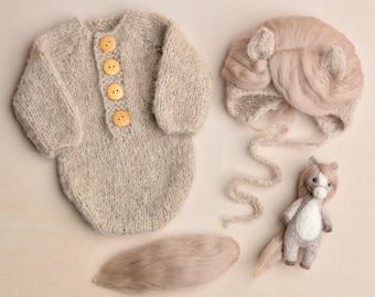 Newborn Horse Set, Knitted Bodysuit, Coffee Horse Hat with Ears & Mane, Felted Pony Toy, Symbol of 2026, Horse Themed Gift, Photo Props