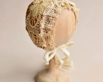 Newborn Lace Bonnet, Terracotta Baby Hat, Girl Photo Outfit, Newborn Gift Basket, Unique Photo Props