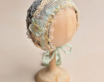 Newborn Lace Bonnet, Gray Green Baby Hat, Girl Photo Outfit, Newborn Gift Basket, Unique Photo Props