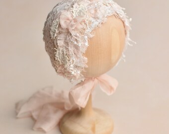 Newborn Lace Bonnet, Boho Baby Hat, Girl Vintage Outfit, Newborn Gift Basket, Unique Photography Props