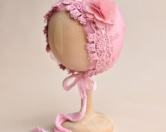 Newborn Lace Bonnet, Pink Baby Hat, Girl Photo Outfit, Newborn Gift Basket, Unique Photo Props