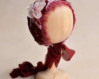 Newborn Lace Bonnet, Burgundy Baby Hat, Girl Photo Outfit, Newborn Gift Basket, Unique Photo Props