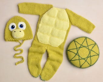 Newborn Turtle Set, Knitted Bodysuit, Bonnet With a Turtle Face, Green Removable Shell, Baby Outfit, Ninja Turtles Themed Gift, Photo Props