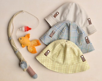 Newborn Fisherman Set, Baby Hat (Panama), Felted Fishing Rod with Goldfish, Boy Photo Outfit, Fishing Themed Gifts, Unique Photo Props