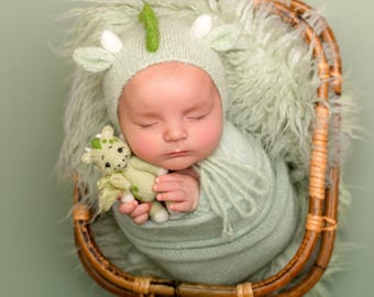May include: A newborn baby swaddled in a light green blanket and wearing a matching dragon-themed hat with white accents. The baby is nestled in a woven basket with a soft, fluffy lining, clutching a small green stuffed dragon.